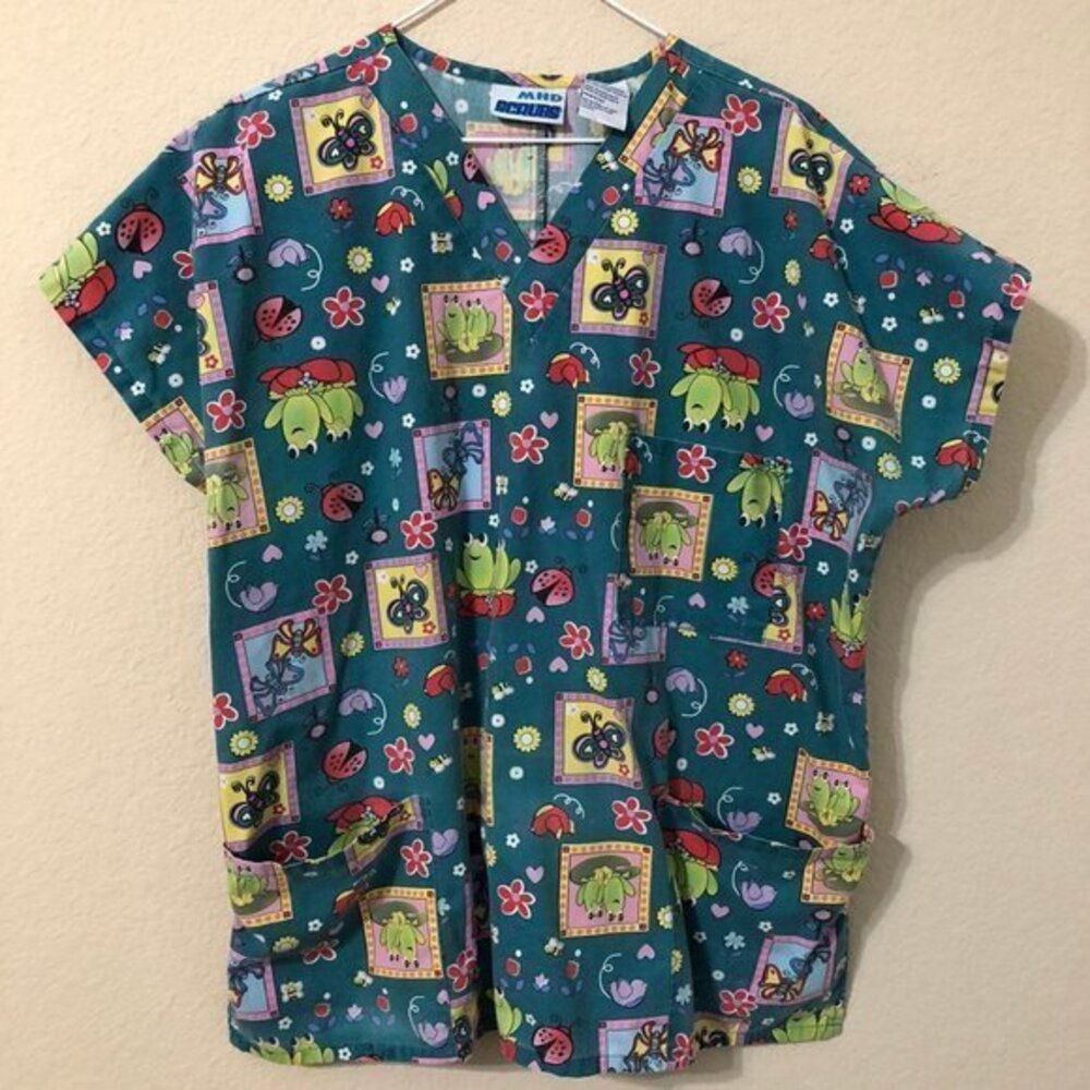 MHD Scrubs Top Floral Frogs Butterflies Nurse